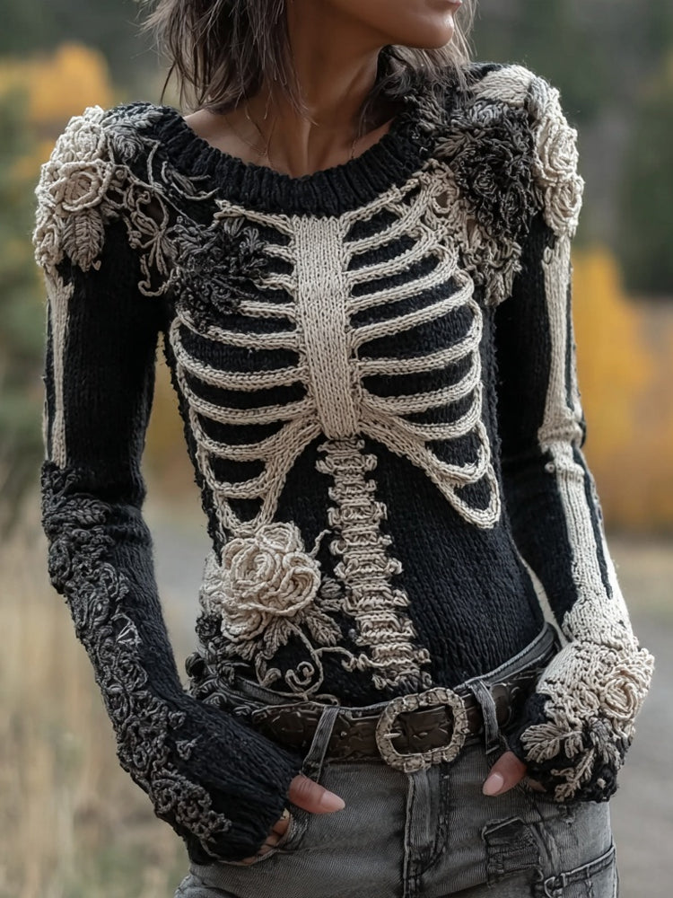 Classy Skeleton Roses Crochet Art Cozy Knit Sweater artswardrobe