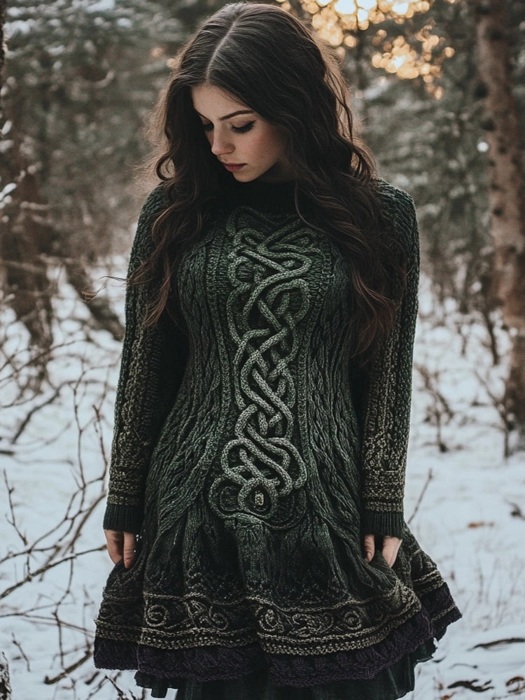 Viking Mystical Celtic Knot Cozy Knit Flare Sweater Dress elevenforest