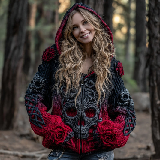 Women's Vintage Viking Tribal Celtic Skull Gradient Art Cozy Knitted Hooded Cardigan artswardrobe