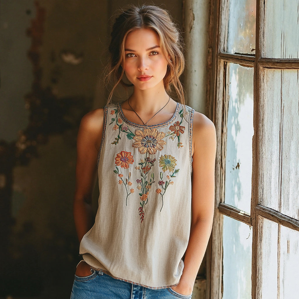 Vintage Bohemian Flowers Embroidery Art Linen Sleeveless Top artswardrobe