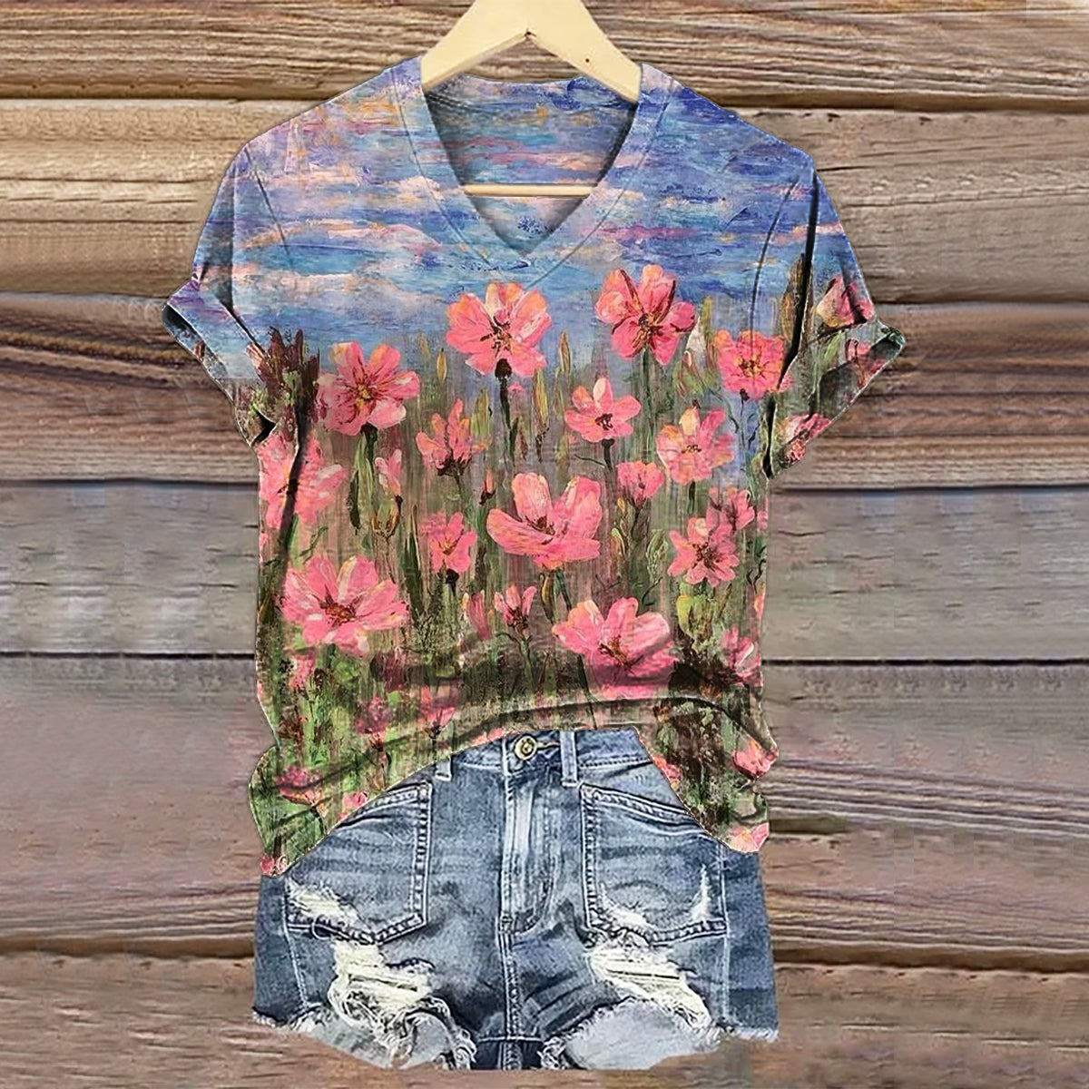 Women's Vintage Floral Art Print V-neck Casual T-Shirt