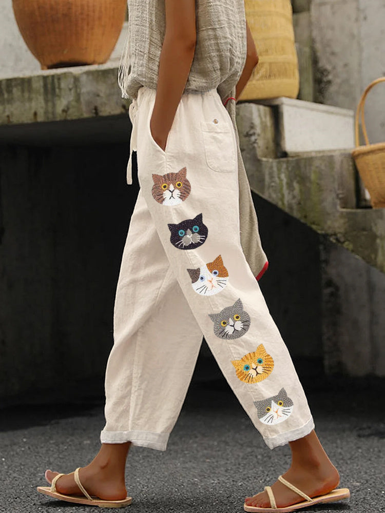 Cute Cats Animal Embroidery Pattern Linen Pants artswardrobe