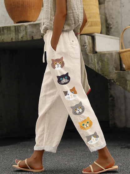 Cute Cats Animal Embroidery Pattern Linen Pants artswardrobe