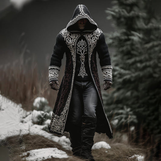 Men's Viking Style Celtic Knot Warm Hooded Cardigan Long Sweater artswardrobe