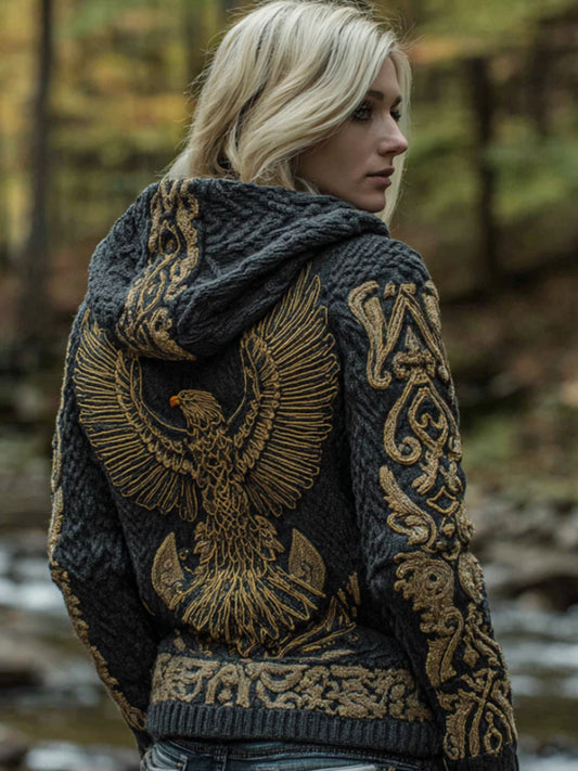 Women's Viking-inspired Phoenix Embroidery Vintage Hooded Cardigan Sweater artswardrobe