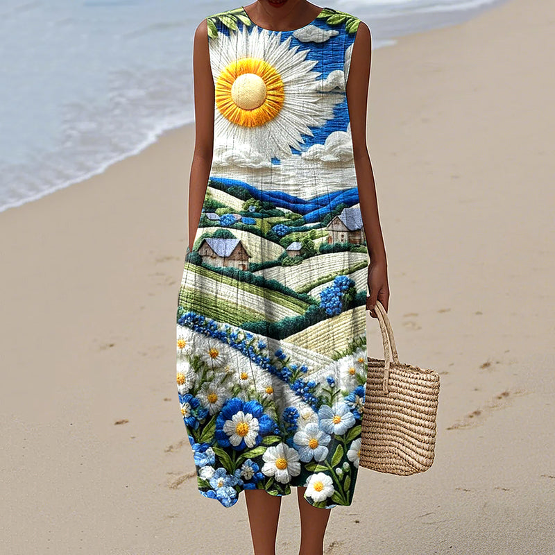 Vintage Loose  Hometown Rural Farm Sunshine Art Sleeveless Cotton And Linen Tank Dress artswardrobe