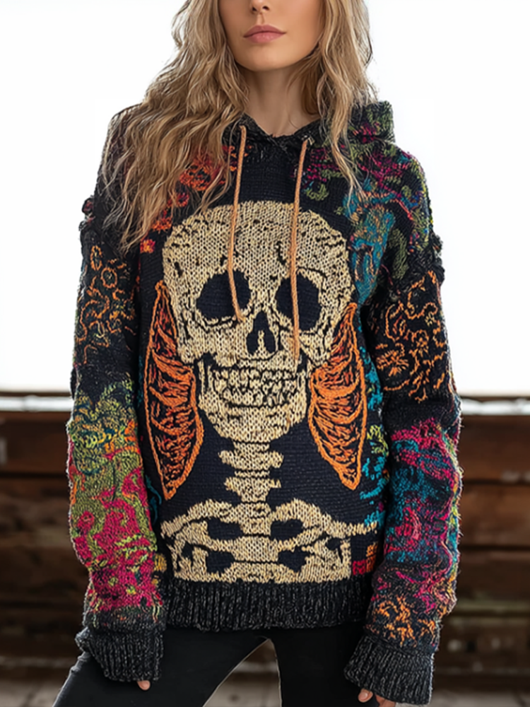 Halloween Skeleton Bone Pattern Design Women's Knit Hooded Sweater artswardrobe