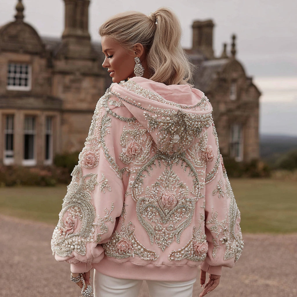 Comstylish Women's Vintage Rose Embroidery Art Long Sleeve Hoodie