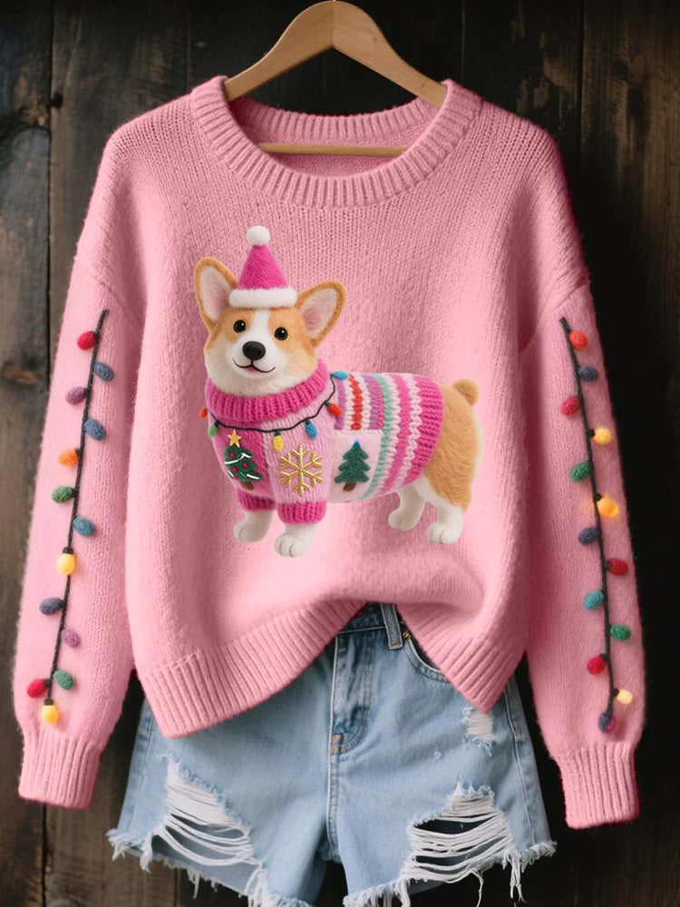 Comstylish Women's Christmas Corgi Dog Felt Art Cozy Knit Sweater