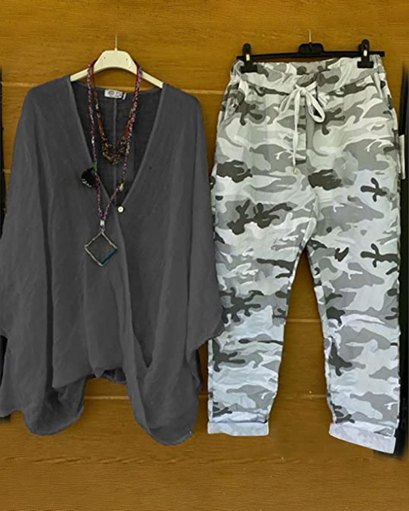 ER | Set di pantaloni e camicetta con motivo mimetico