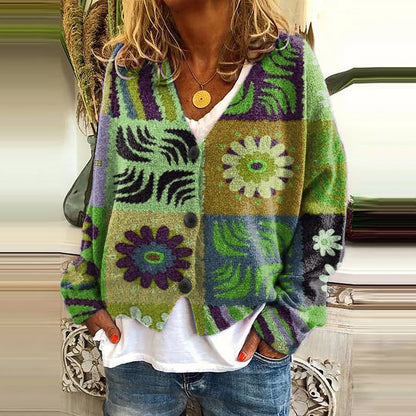 Vintage Printed V-Neck Long Sleeved Knitted Cardigan elevenforest