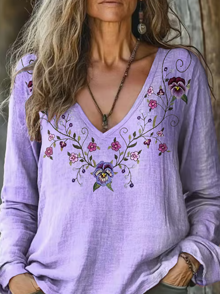 Comstylish Women's Alzheimer's Floral Printed Cotton And Linen Long Sleeve Top