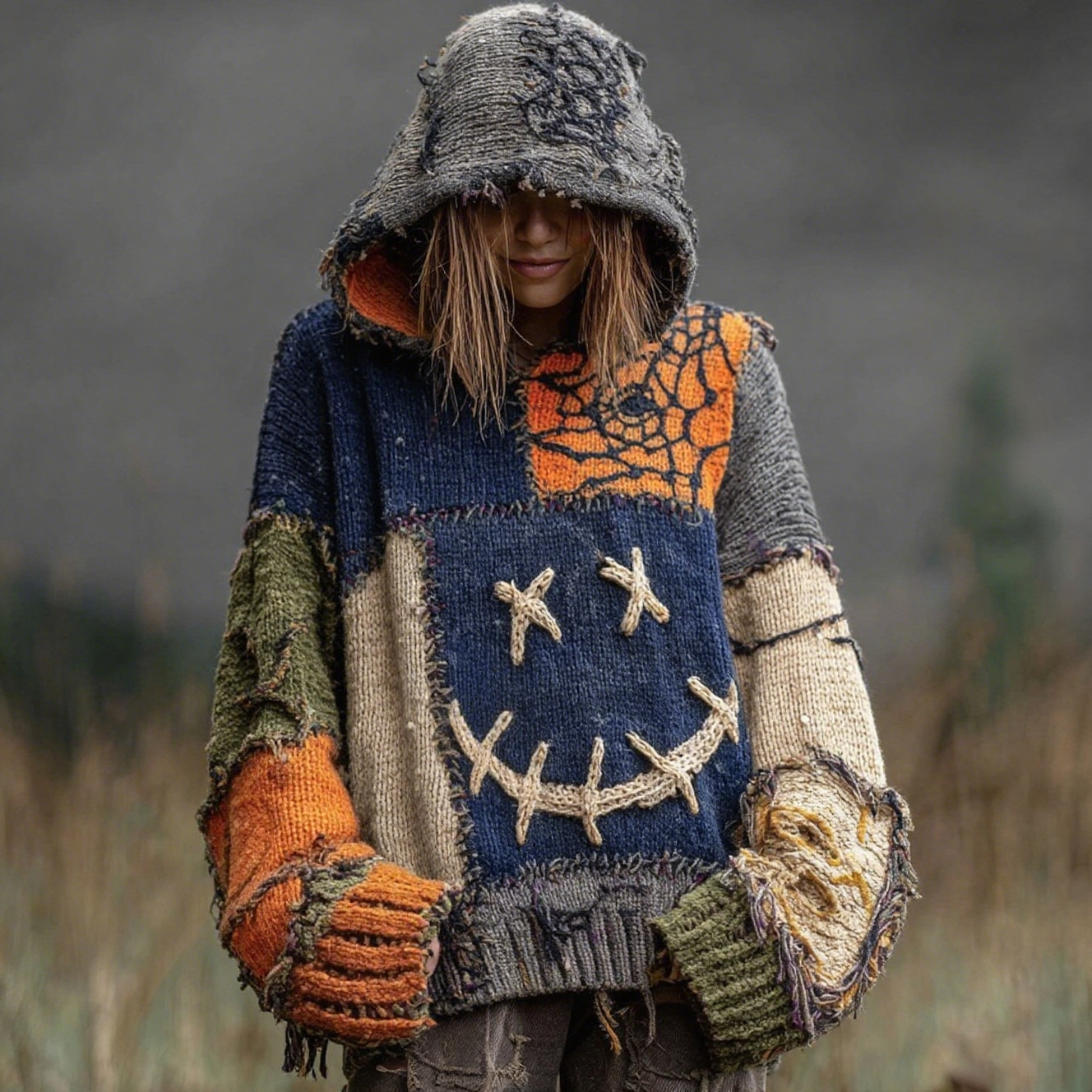 Halloween Spooky Face And Spider Web Patchwork Design Cozy Knit Hooded elevenforest