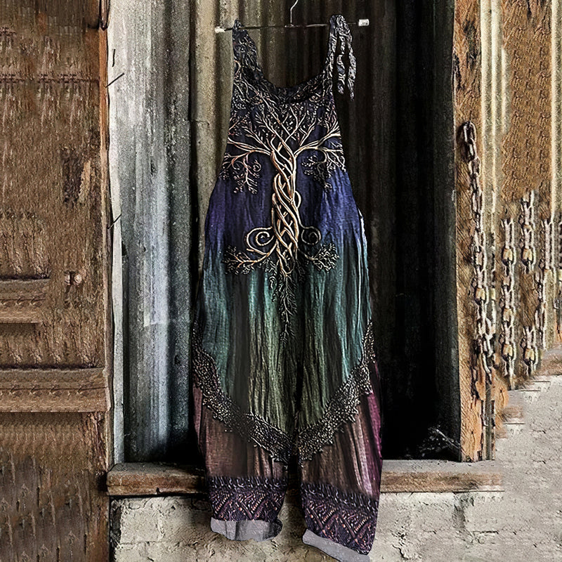 Vintage Viking Tree Of Life Celtic Gradient Art Linen Jumpsuit artswardrobe