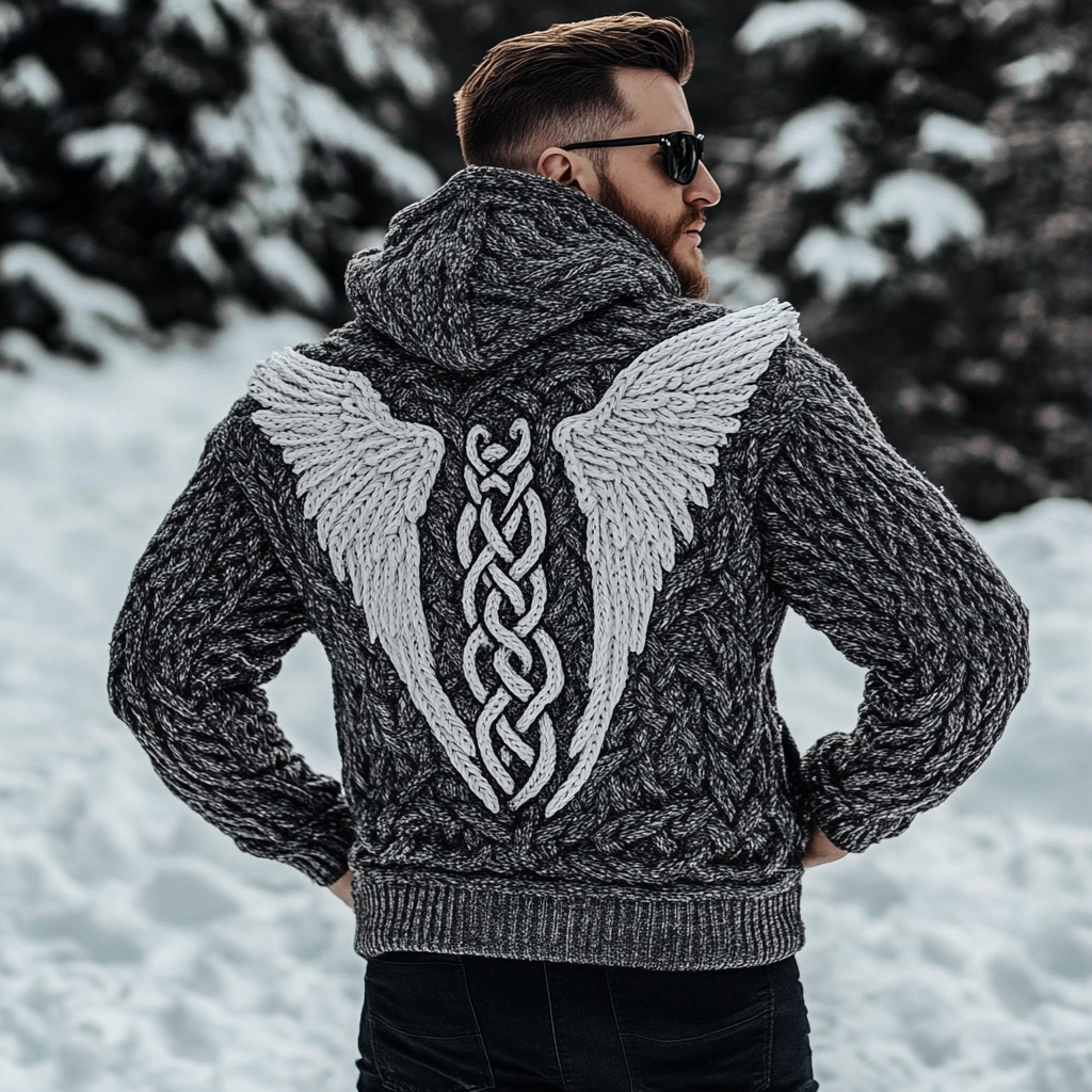 Men's Viking Tribal Wings Celtic Knit Hooded Sweater artswardrobe