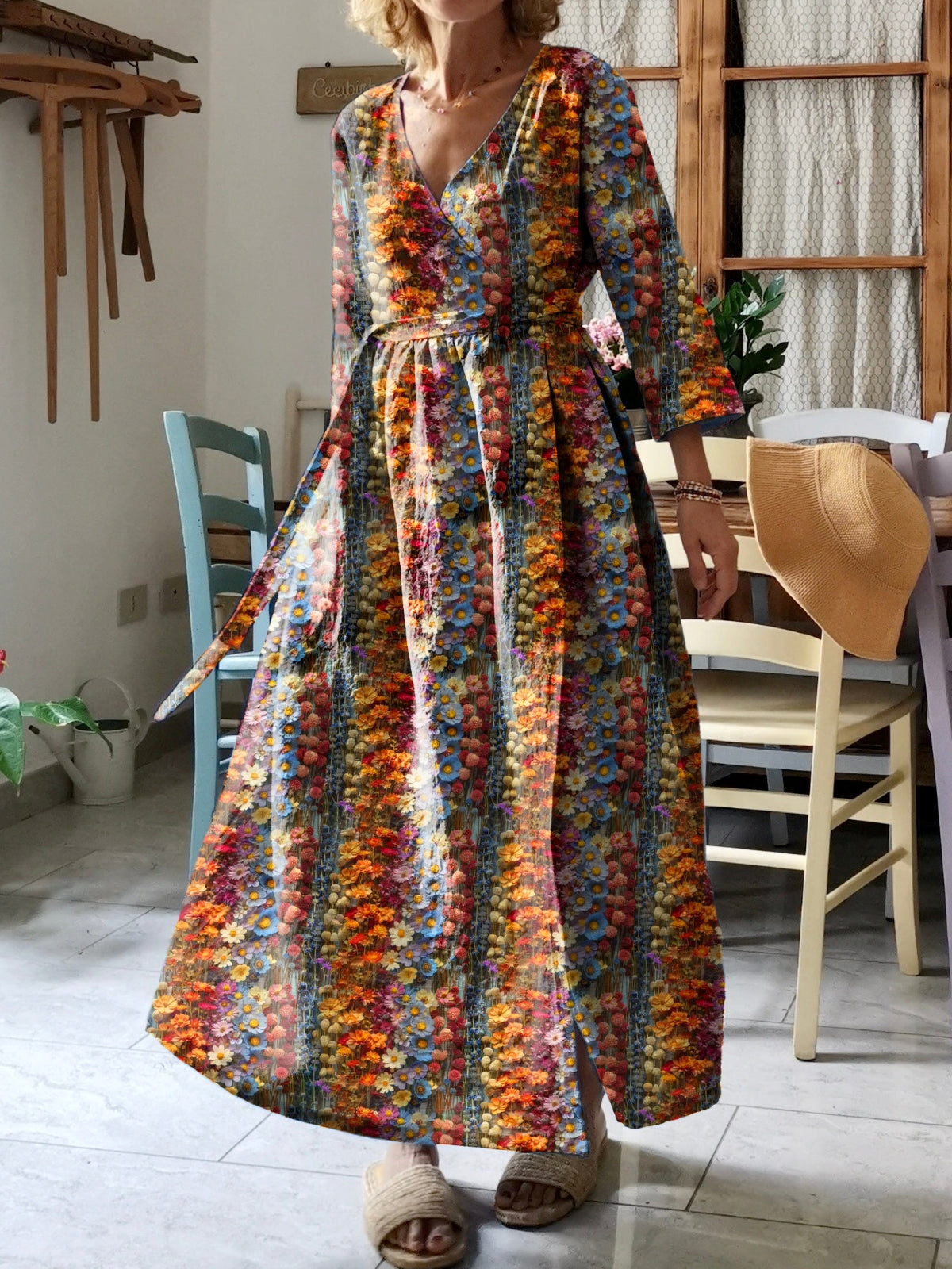 Women's Boho Flower Art Print V-Neck Cotton Pocket Wrap Dress