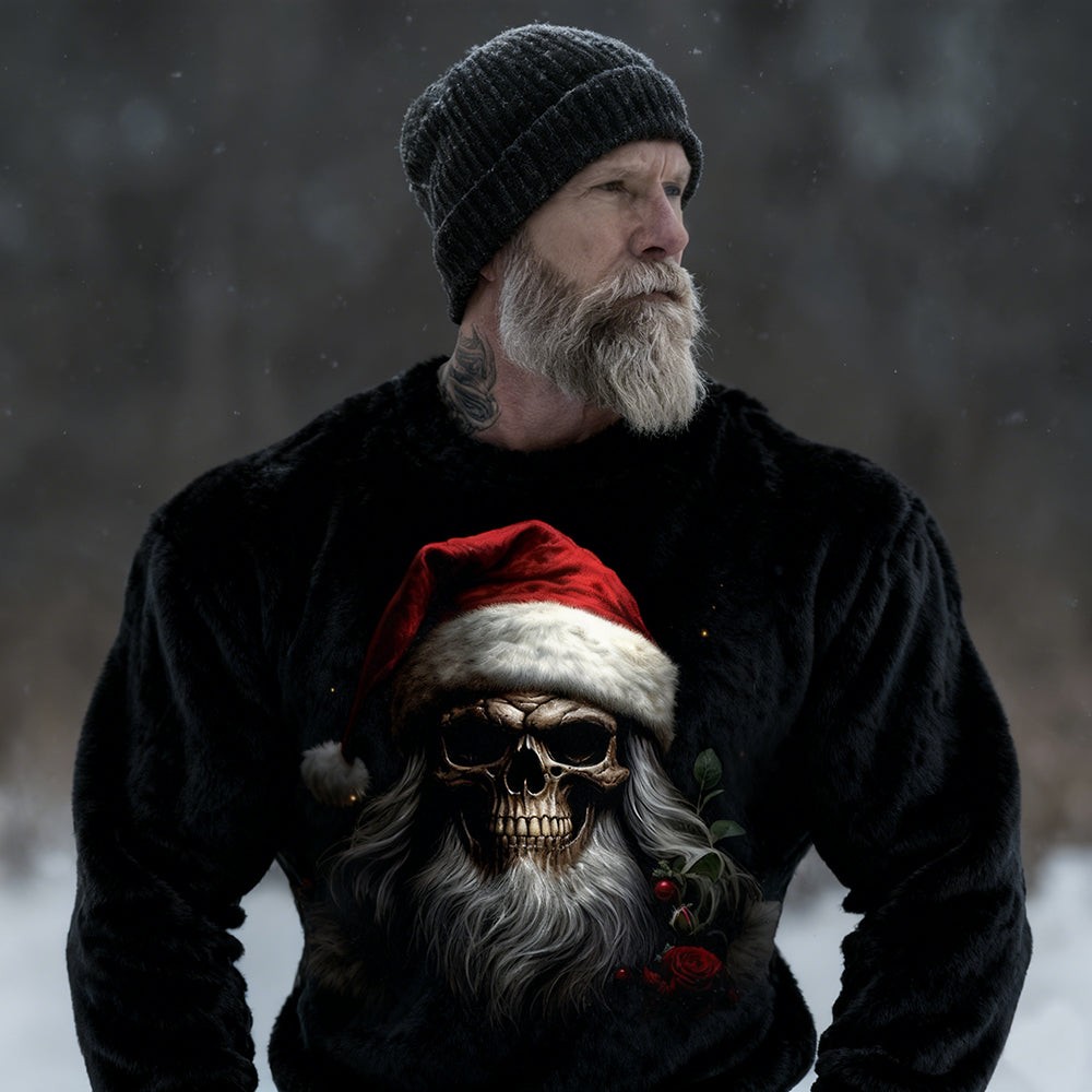 Comstylish Men's Christmas Santa Skull Art Cozy Plush Sweatshirt