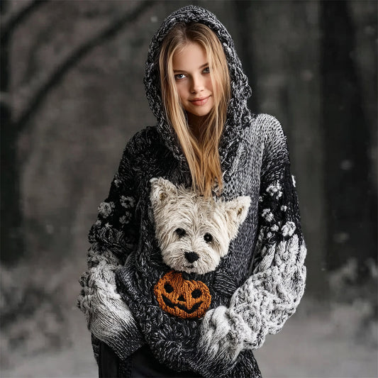 Halloween Cairn Terrier Dog & Pumpkin Art Women's Hooded Sweater elevenforest