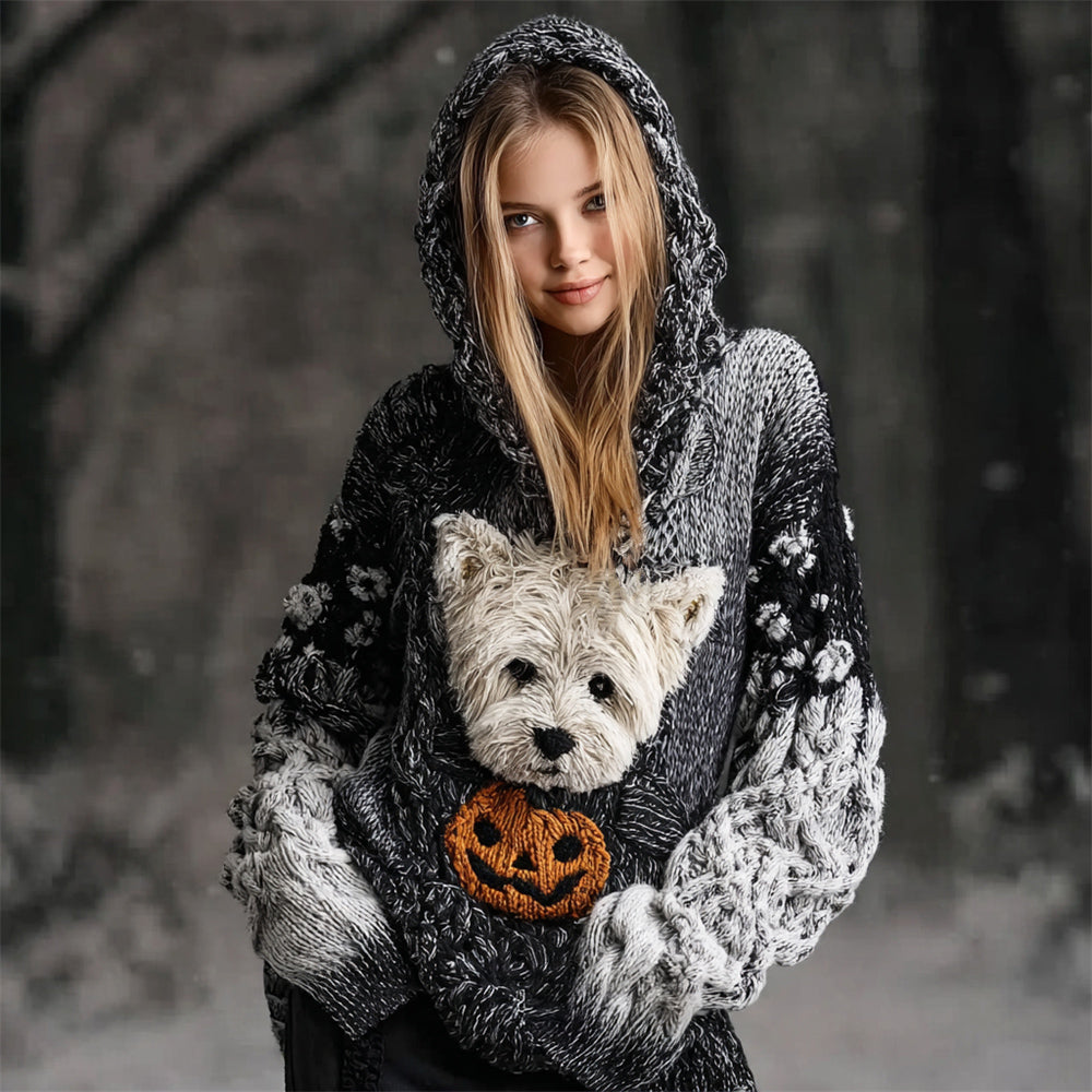 Halloween Cairn Terrier Dog & Pumpkin Art Women's Hooded Sweater artswardrobe