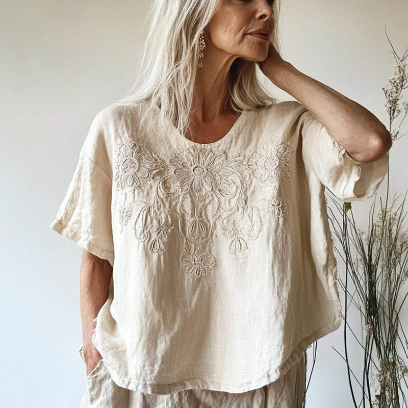 Comstylish Vintage Floral Art Cotton Linen Crew Neck Shirt