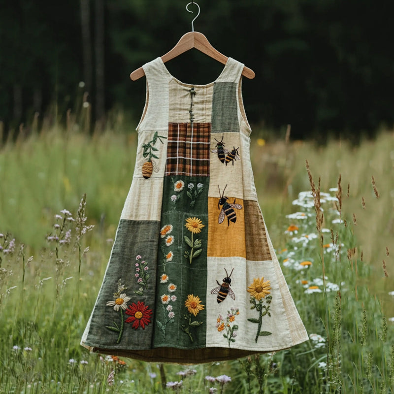 Women's Vintage Bee And Plaid Art Print Sleeveless Dress artswardrobe