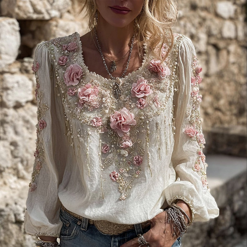 Comstylish Vintage Pink Flowers Embroidered Cozy Linen Tunic