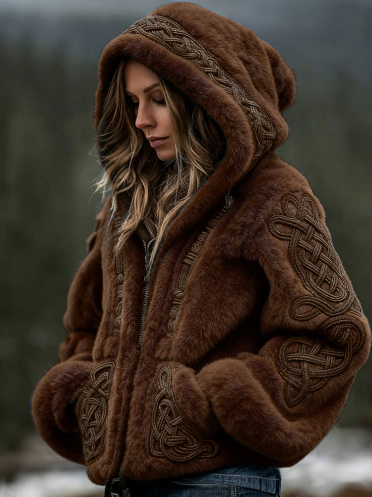 Comstylish Women's Viking Celtic Art Cozy Warm Flannel Hooded Jacket