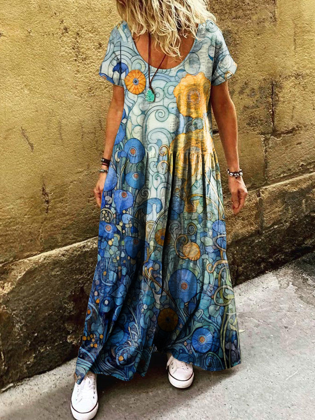 Women's Boho Vintage Floral Art Print Pocket Short Sleeve Cotton Dress