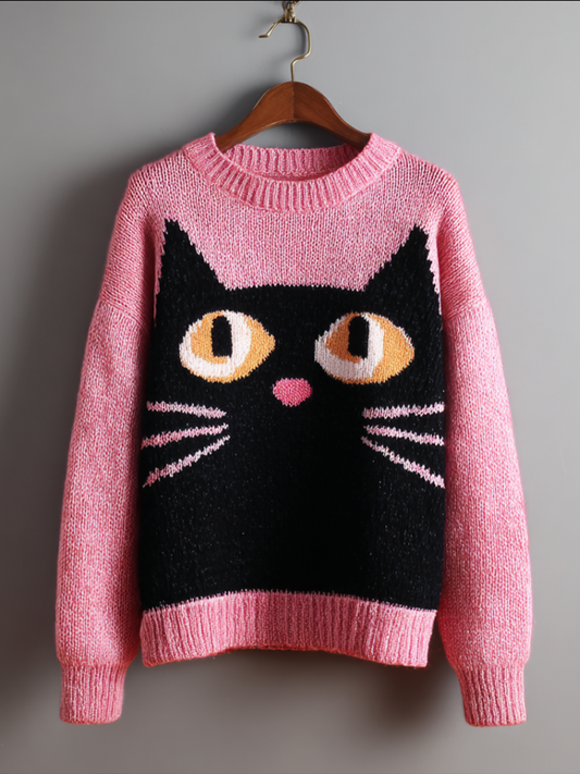 Simple Sweater With Pink And Black Cat Pattern elevenforest