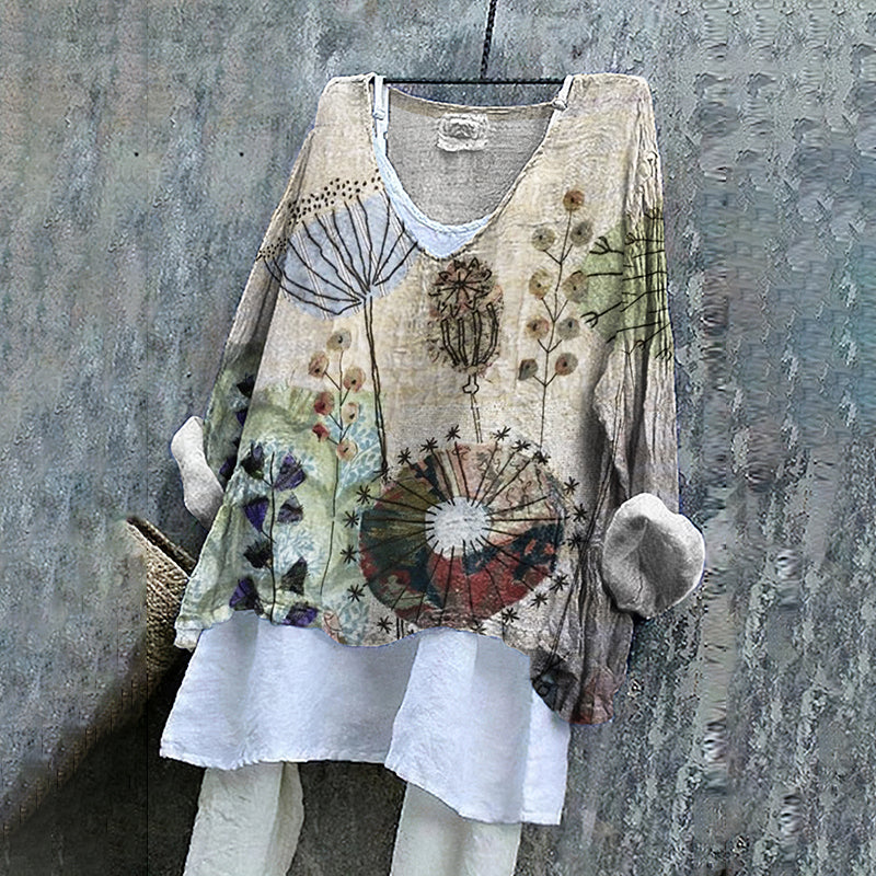 Retro Floral Embroidered Art Linen Blend Tunic artswardrobe