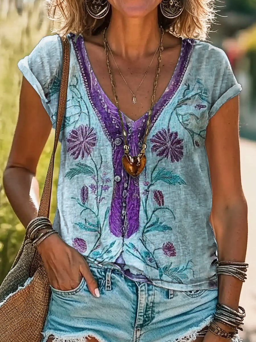 Bohemian Floral Art Print 100%Cotton V-neck T-Shirt