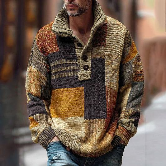 Men's Classic Sunset Style Patchwork Art Jacquard Thick Warm Button-down Turtleneck Sweater elevenforest