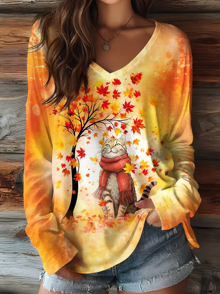 Women's Casual Autumn Leaves Cat Print Long Sleeve T-shirt