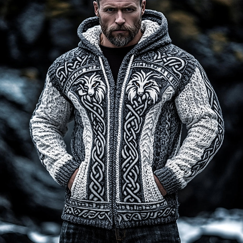 Men's Viking Wolf Style Celtic Thick Zip Hooded Sweater artswardrobe