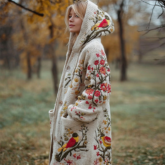 Vintage Bird & Flower Embroidery Women's Knit Hooded Cardigan artswardrobe