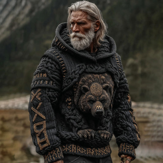Men's Viking Brown Bear Pattern Jacquard Knitted Hooded Sweater artswardrobe