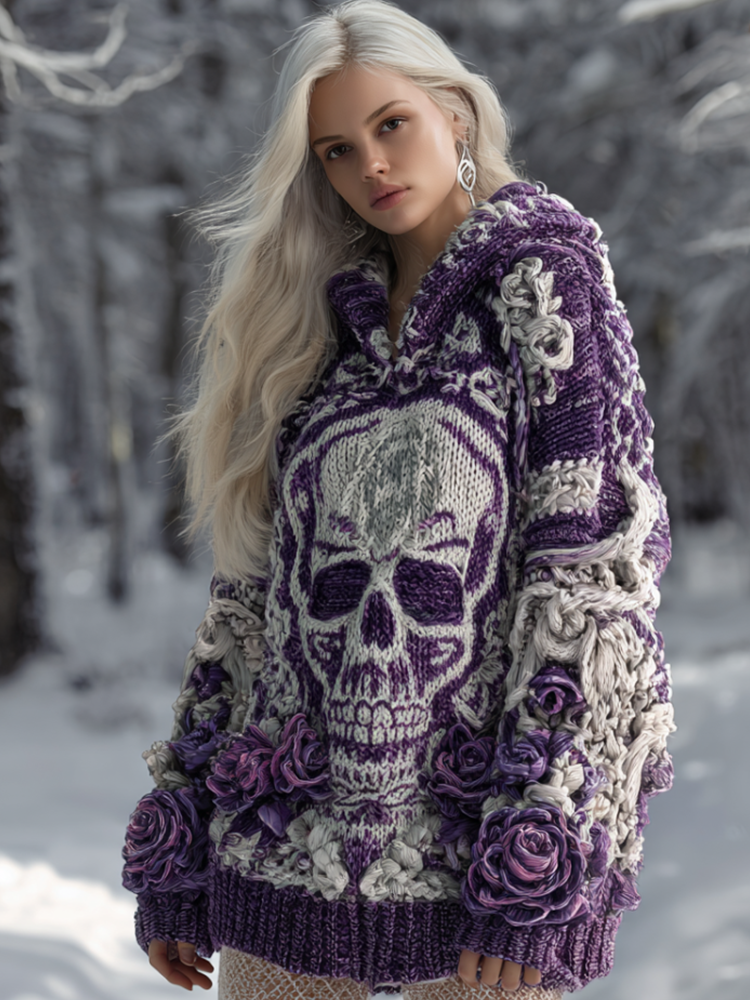 Halloween Skeleton Element Viking Style Women's Hooded Pullover Knit Sweater elevenforest