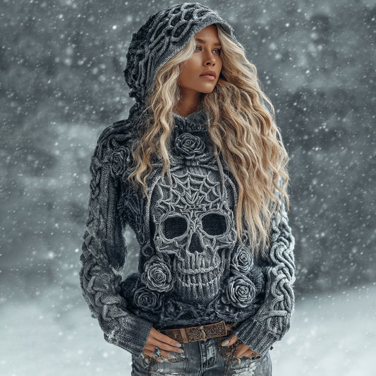 Women's Rose And Skull Inspired Chunky Knit Hooded Sweater elevenforest