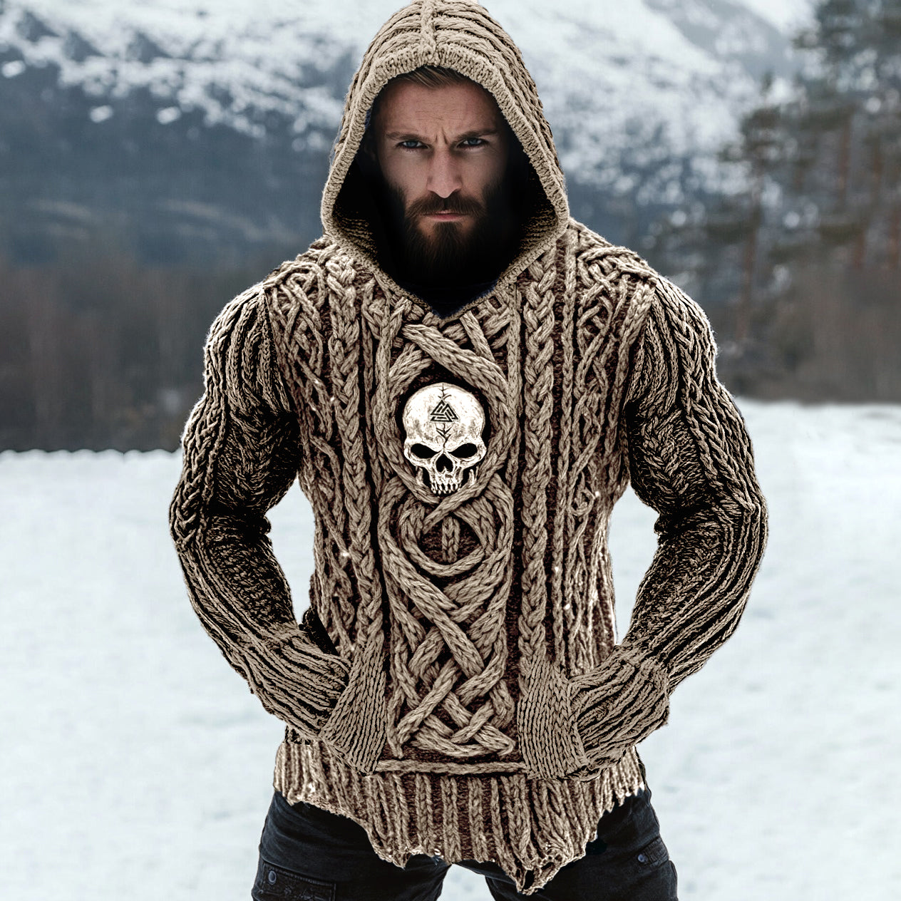 Men's Viking Tribal Skull Rune Celtic Inspired Knit Hooded Sweater artswardrobe