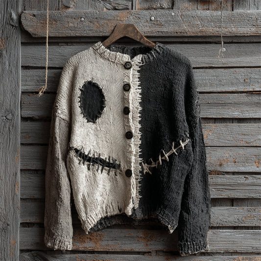 Halloween Spooky Face Contrast Stitched Cozy Knit Cardigan artswardrobe