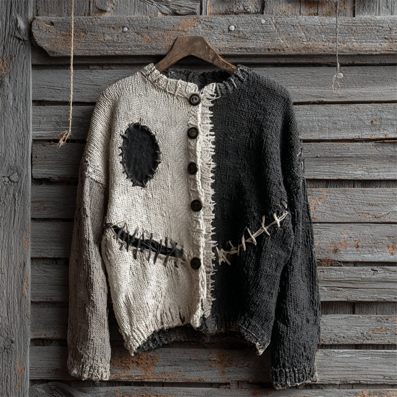 Halloween Spooky Face Contrast Stitched Cozy Knit Cardigan elevenforest