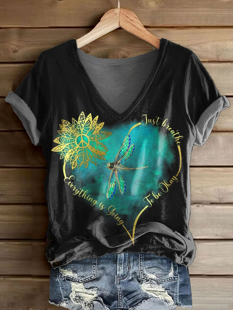 Women's Everything Is Going Heart Dragonfly Pattern Print V-neck Casua