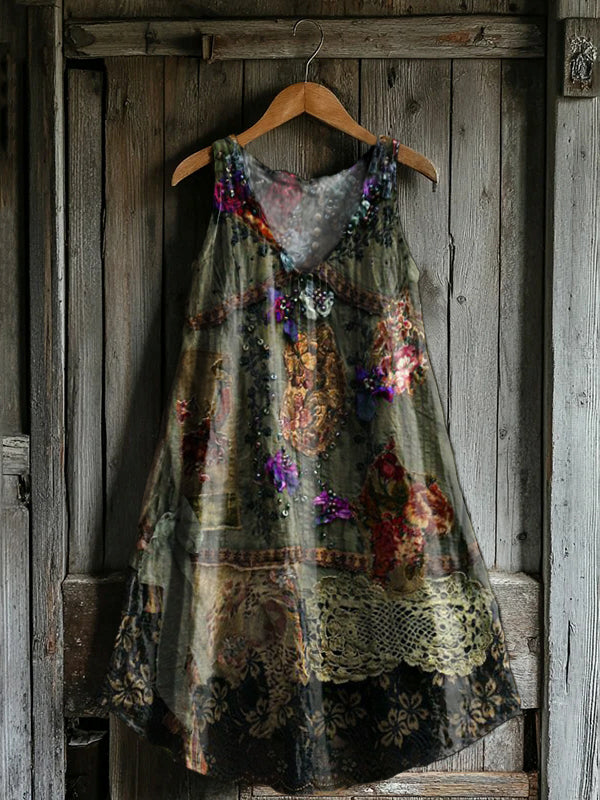 Women's Floral Patchwork Pattern Art Print V-Neck Pocket Cotton Dress