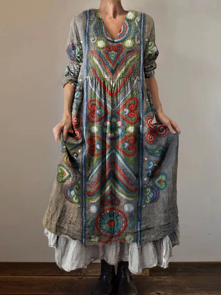 Women's Vintage Tattoo Pattern Art Print V-Neck Button Pocket Cotton D