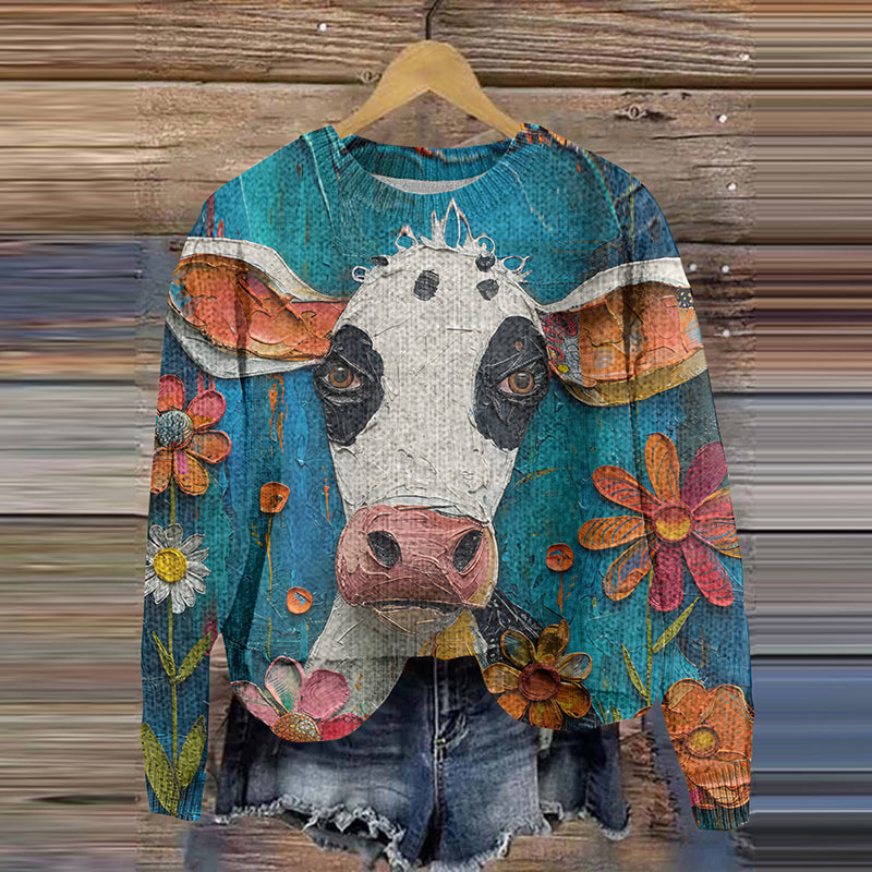 Women'S Crew Neck Sweater With Floral Cow Pattern artswardrobe