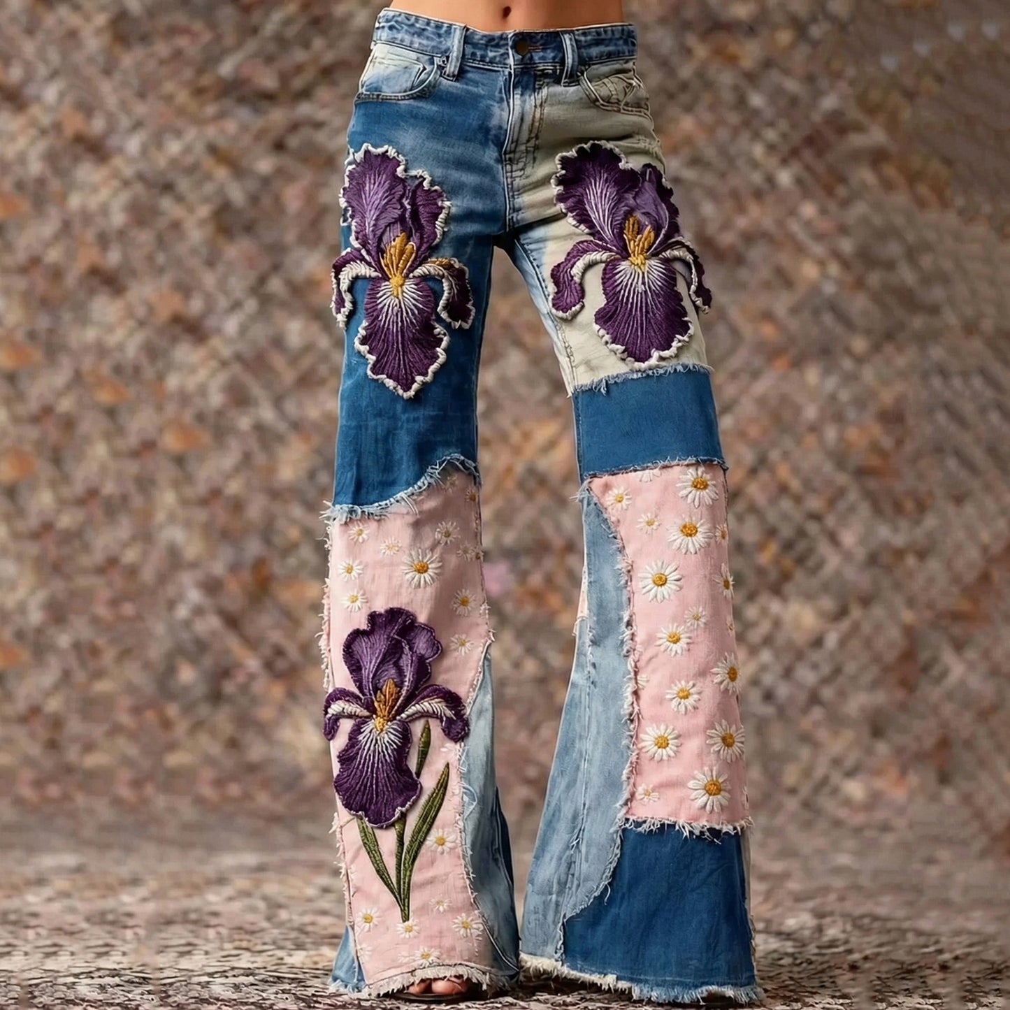 Women's Bohemian Style Patchwork Daisy Floral Patchwork Art Jeans elevenforest