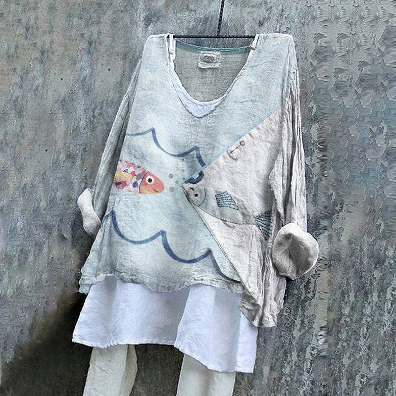 Comstylish Vintage Patchwork Fish Embroidery Art Linen Blend Blouse