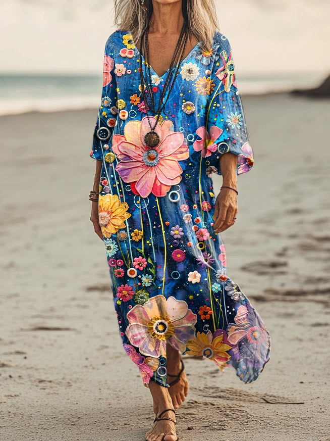 Women's Vintage Floral Art Print Pocket Cotton Dress