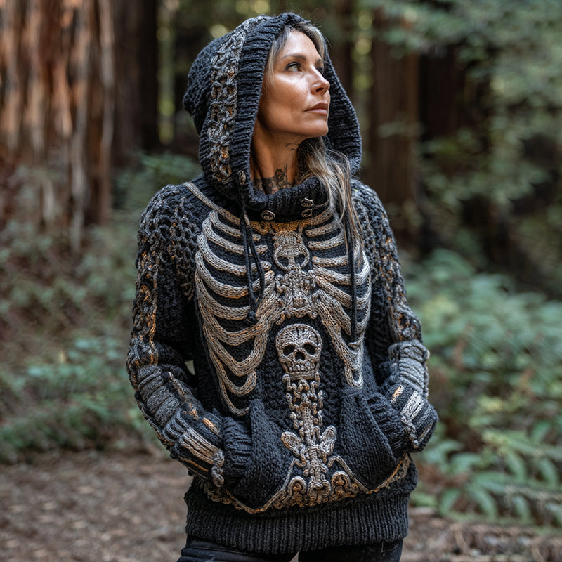 Women's Retro Halloween Contrast Skull Cozy Knit Hooded Sweater artswardrobe