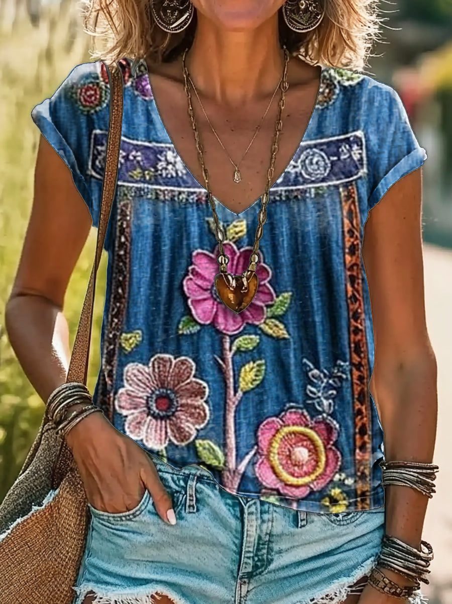 Bohemian Floral Art Print 100%Cotton V-neck T-Shirt